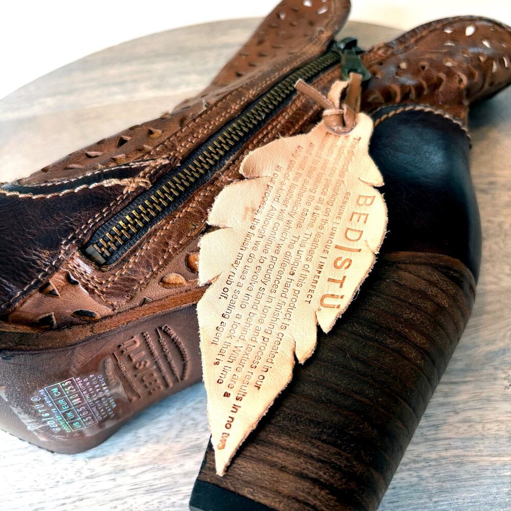 Bed Stu Perforated Leather Ankle Boots Laser Cut Stacked Heel Rustic Women's 8.5 - Picture 10 of 13